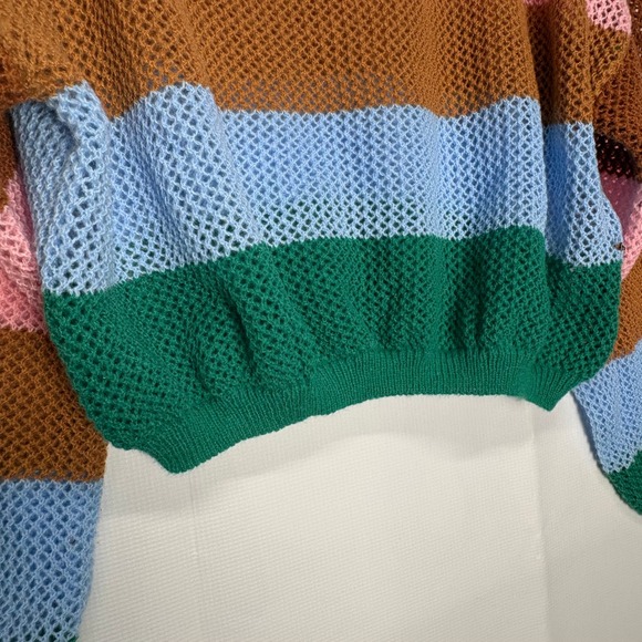 Colorful Striped Open Knit Sweater Cropped Pullover Pastel Women's Large Artsy - Picture 4 of 9
